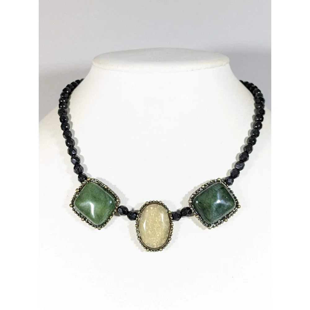 Black Glass Bead green Ivory Color Acrylic Square Oval Cabochon Necklace 16.5 in